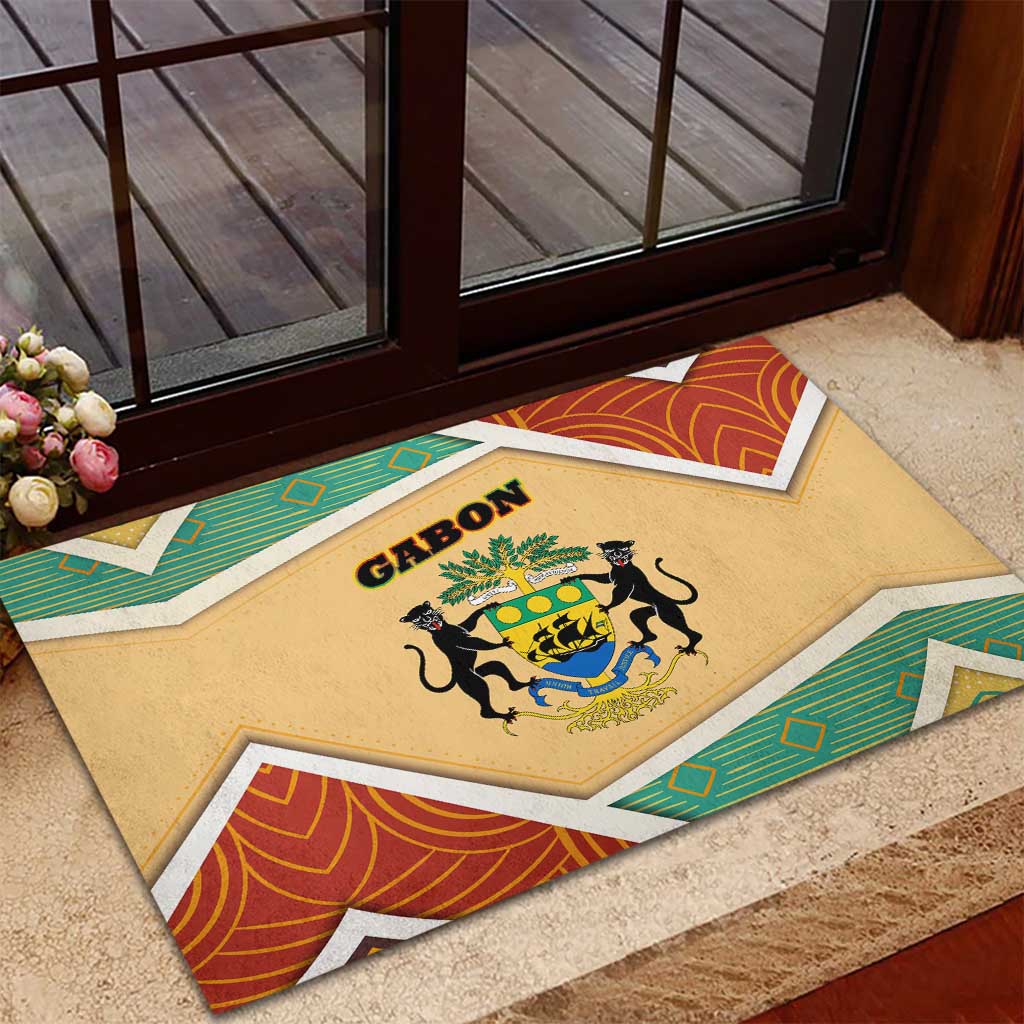 Gabon Rubber Doormat with National Coat of Arms and Tribal Pattern Map Design in Bold Colors