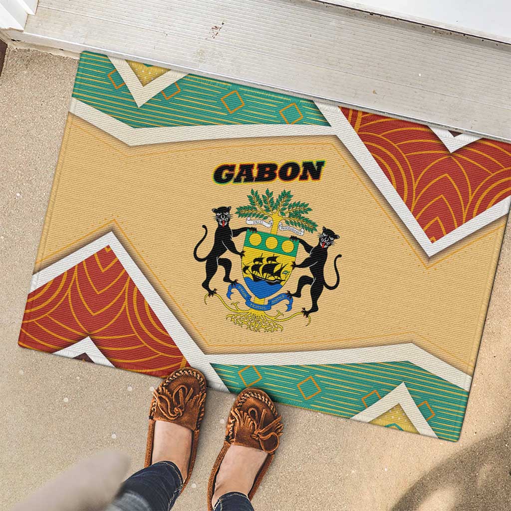 Gabon Rubber Doormat with National Coat of Arms and Tribal Pattern Map Design in Bold Colors