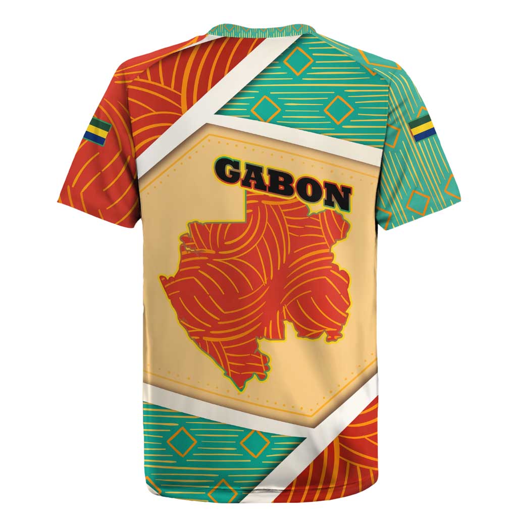 Gabon Rugby Jersey with National Coat of Arms and Tribal Pattern Map Design in Bold Colors