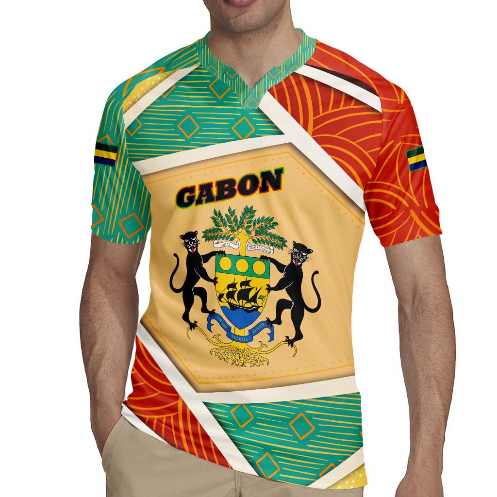 Gabon Rugby Jersey with National Coat of Arms and Tribal Pattern Map Design in Bold Colors