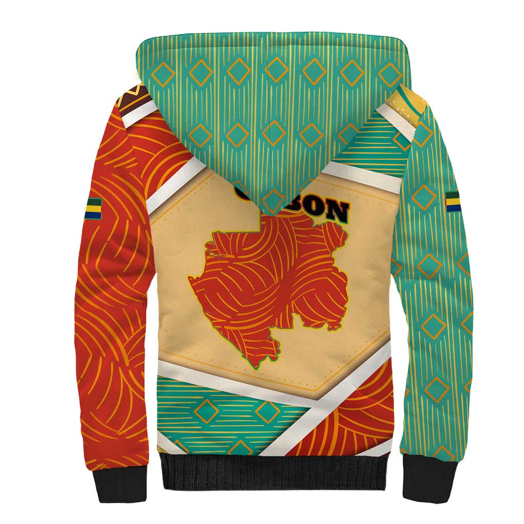 Gabon Sherpa Hoodie with National Coat of Arms and Tribal Pattern Map Design in Bold Colors