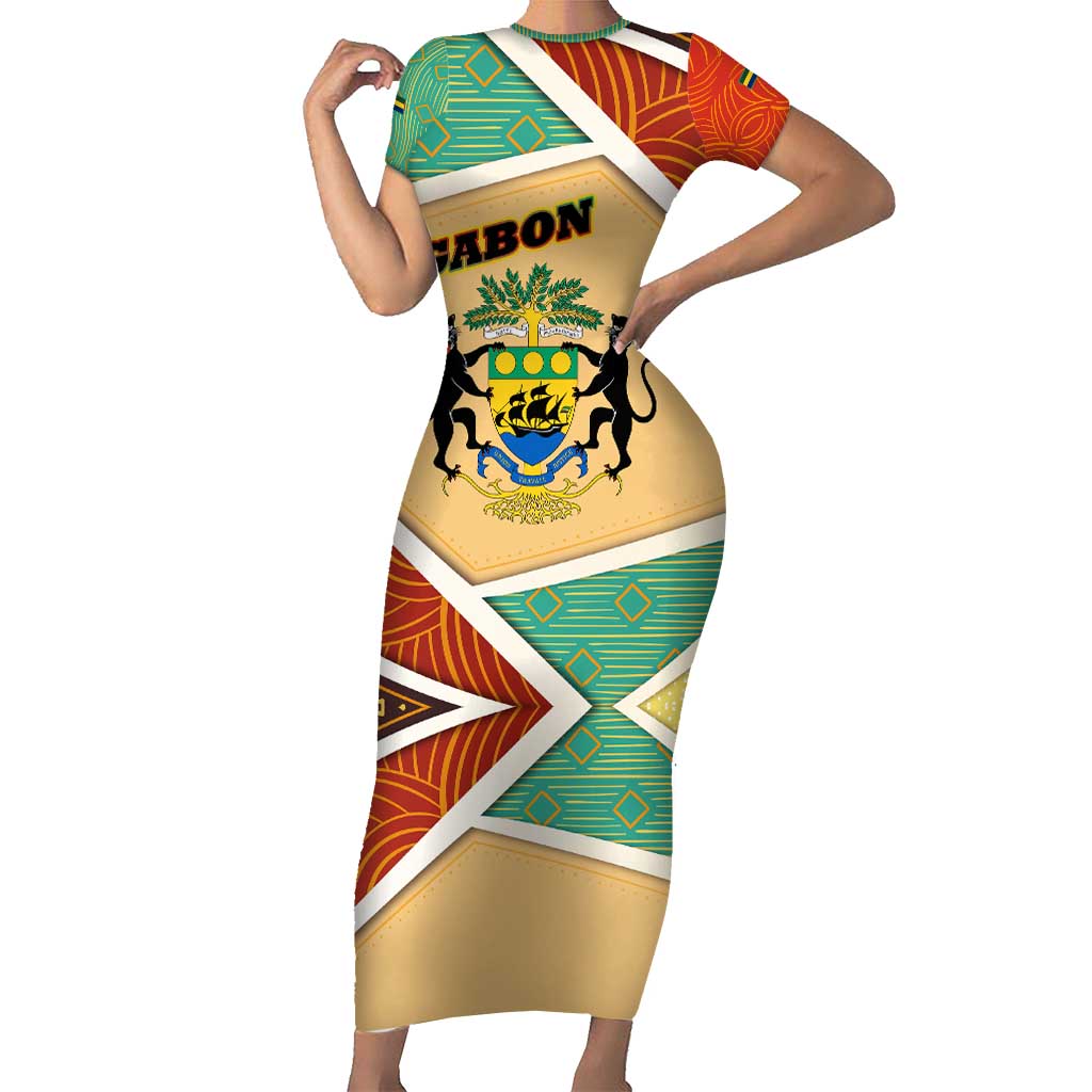 Gabon Short Sleeve Bodycon Dress with National Coat of Arms and Tribal Pattern Map Design in Bold Colors