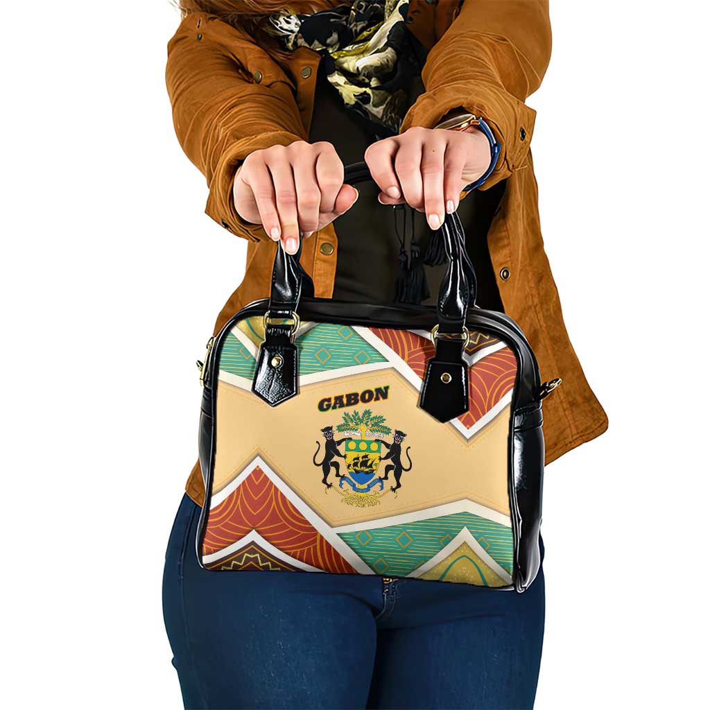 Gabon Shoulder Handbag with National Coat of Arms and Tribal Pattern Map Design in Bold Colors