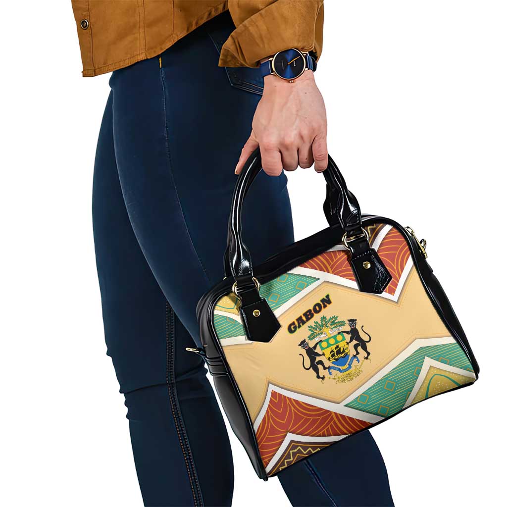 Gabon Shoulder Handbag with National Coat of Arms and Tribal Pattern Map Design in Bold Colors