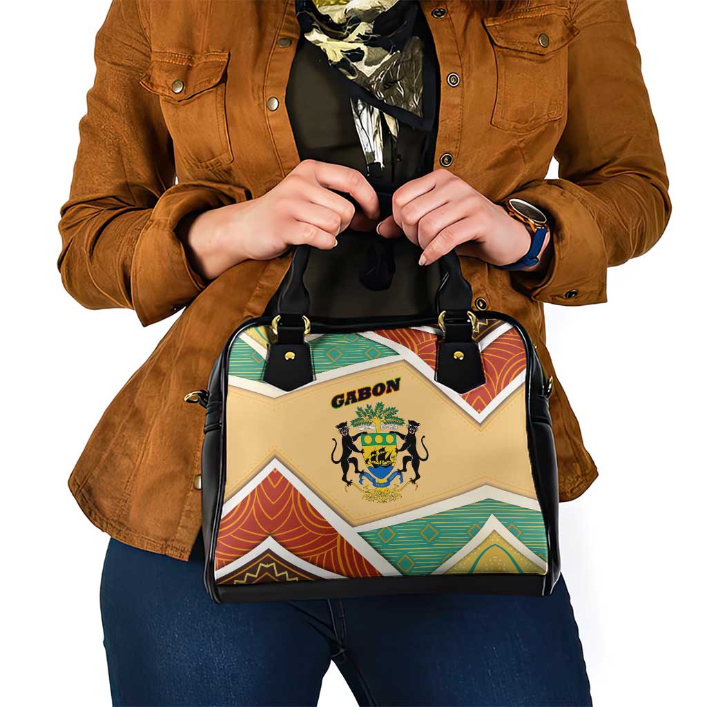 Gabon Shoulder Handbag with National Coat of Arms and Tribal Pattern Map Design in Bold Colors