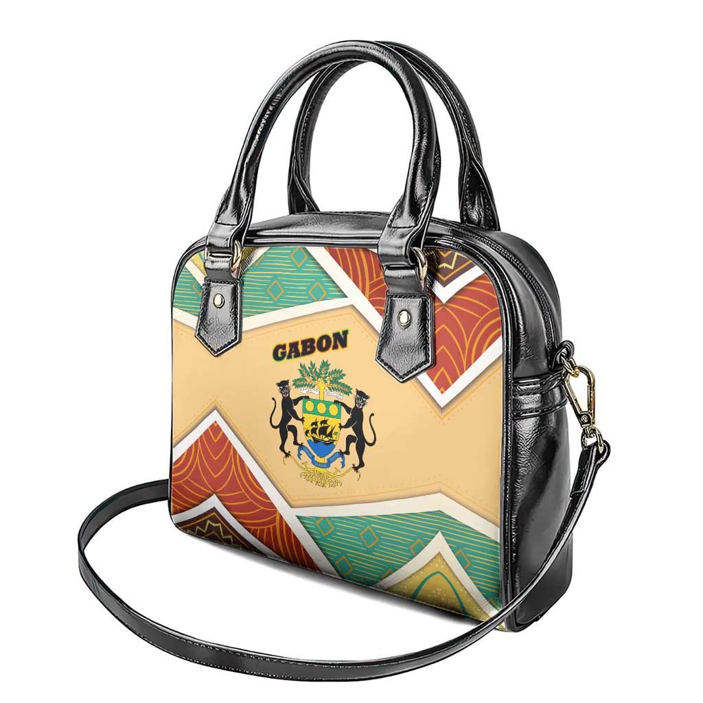 Gabon Shoulder Handbag with National Coat of Arms and Tribal Pattern Map Design in Bold Colors
