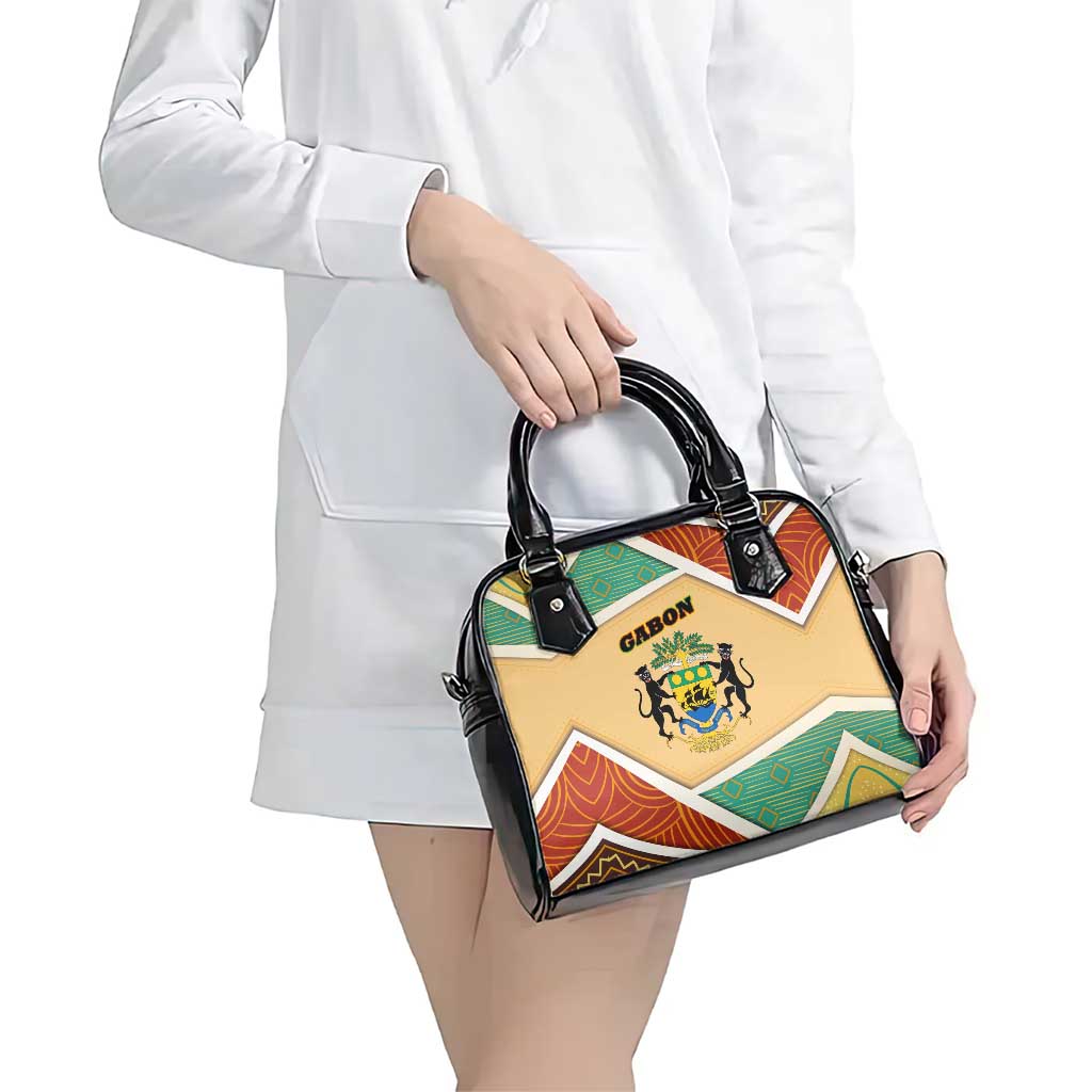 Gabon Shoulder Handbag with National Coat of Arms and Tribal Pattern Map Design in Bold Colors