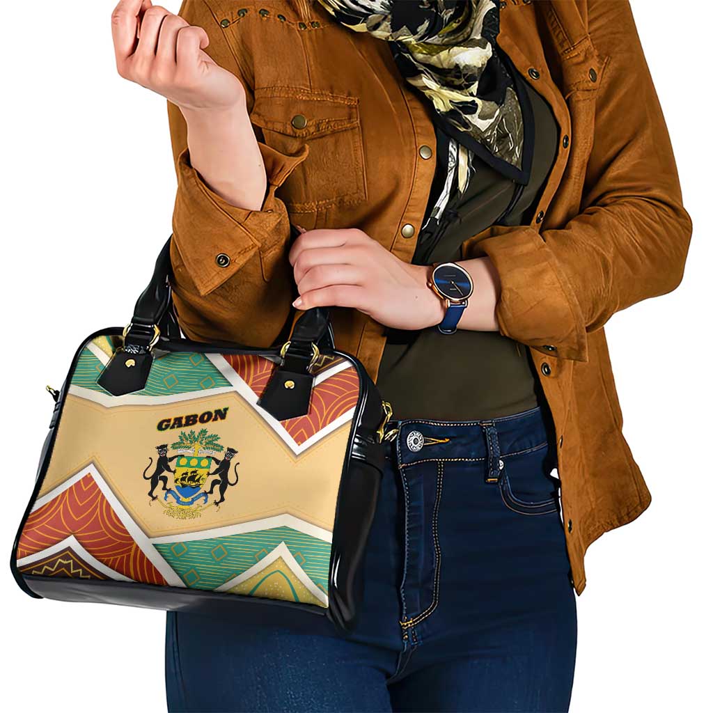Gabon Shoulder Handbag with National Coat of Arms and Tribal Pattern Map Design in Bold Colors