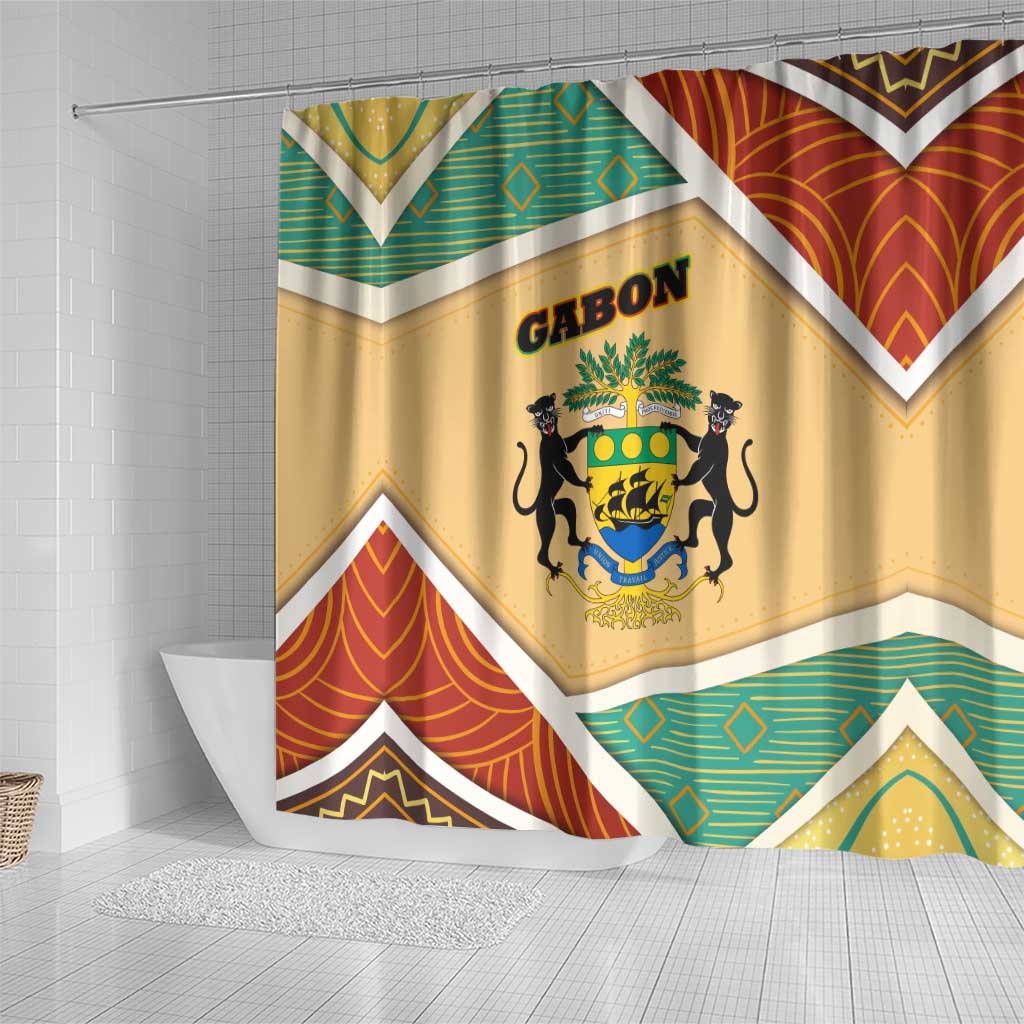 Gabon Shower Curtain with National Coat of Arms and Tribal Pattern Map Design in Bold Colors