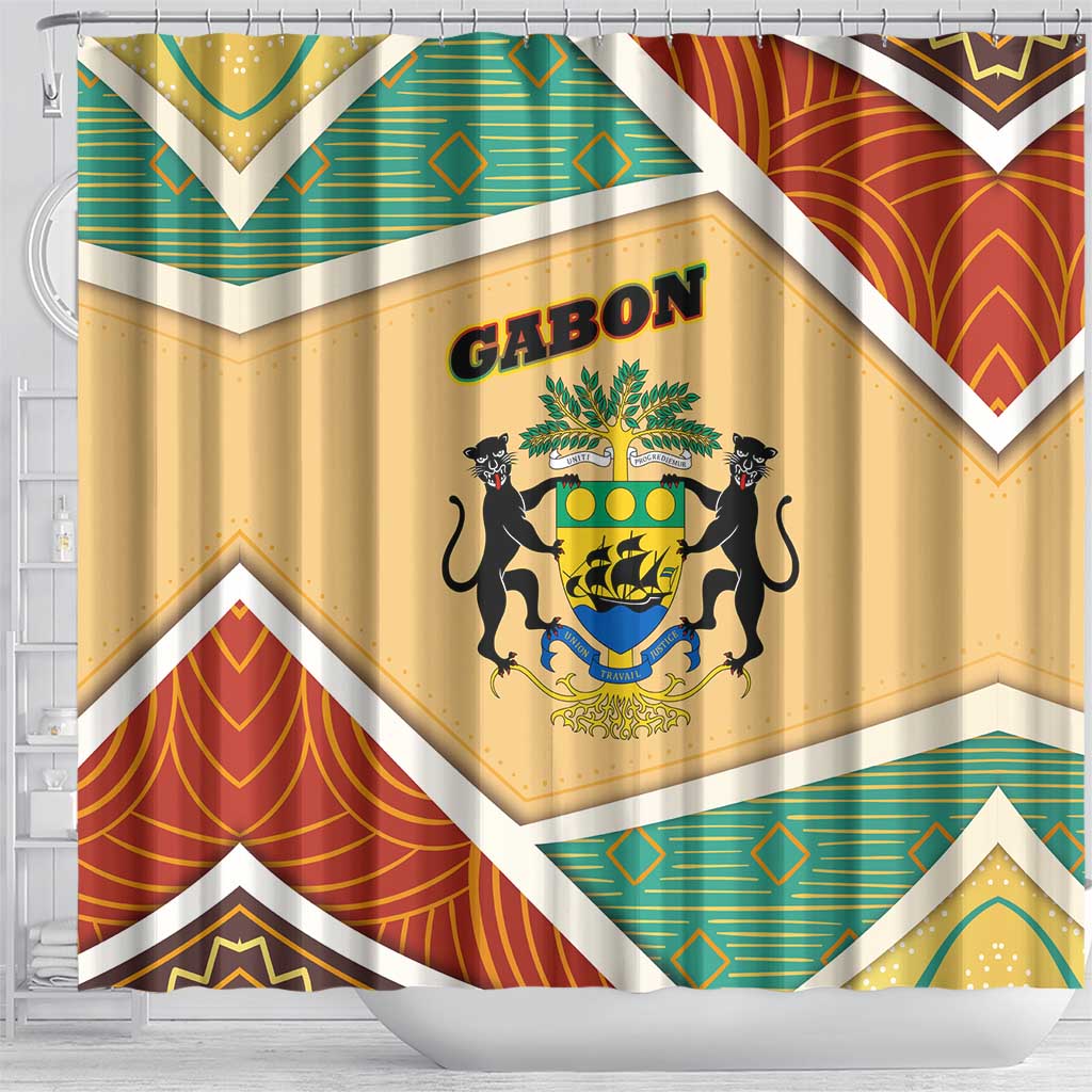 Gabon Shower Curtain with National Coat of Arms and Tribal Pattern Map Design in Bold Colors