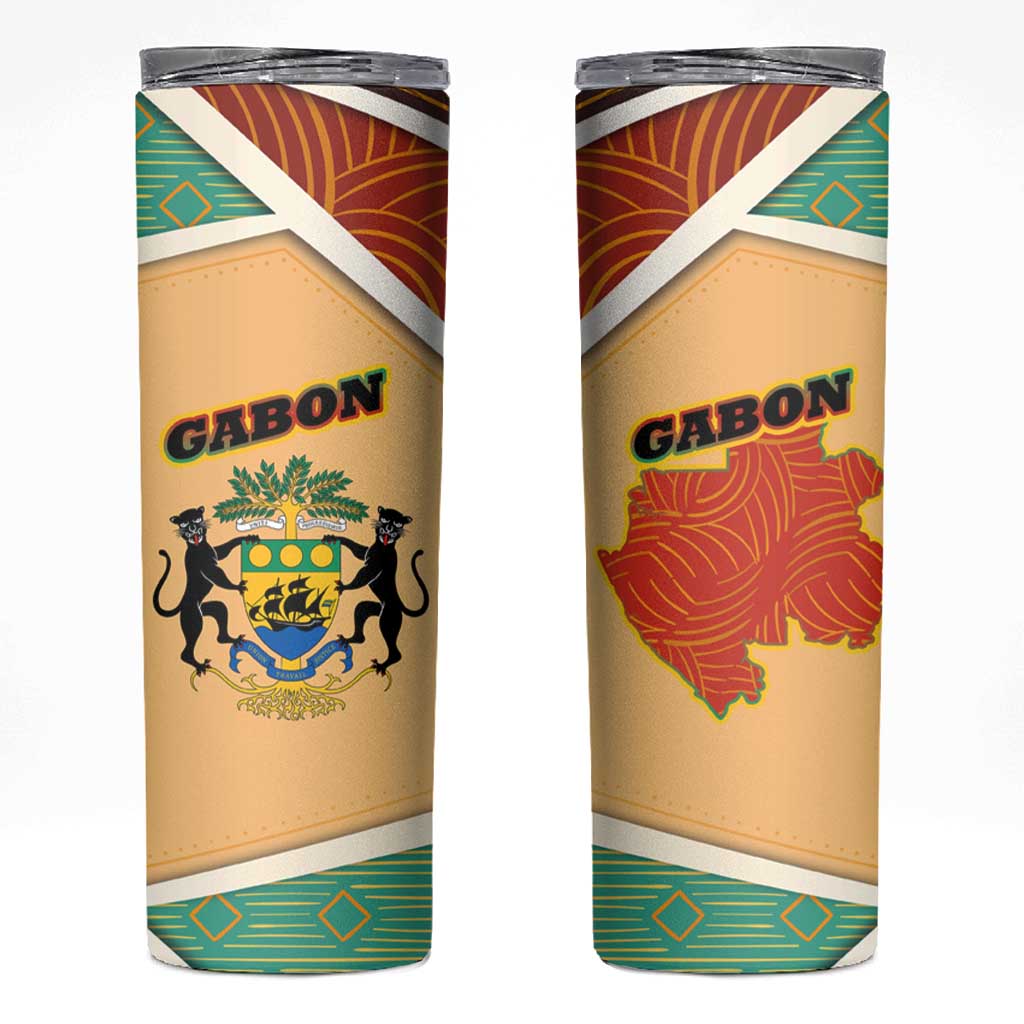 Gabon Skinny Tumbler with National Coat of Arms and Tribal Pattern Map Design in Bold Colors
