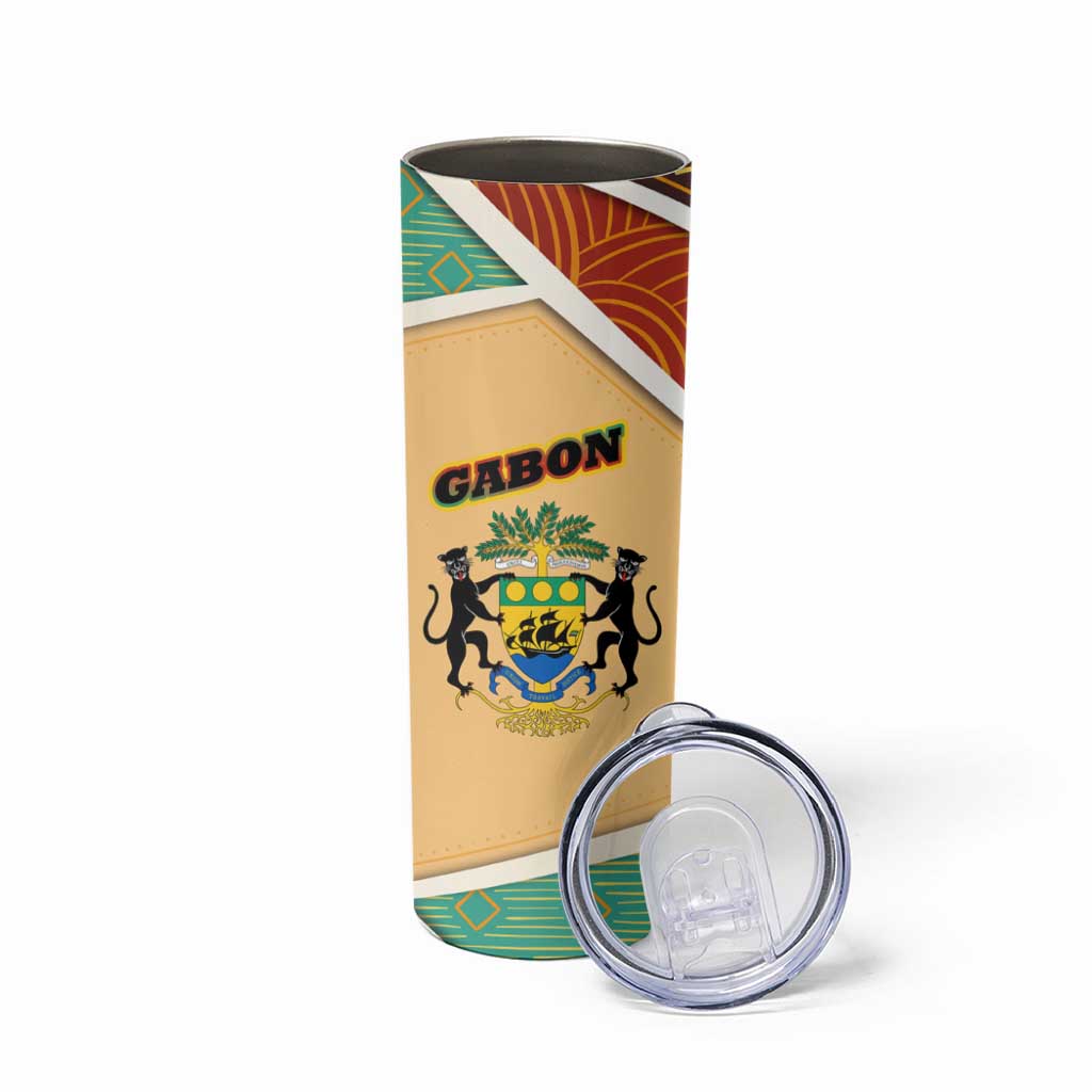 Gabon Skinny Tumbler with National Coat of Arms and Tribal Pattern Map Design in Bold Colors