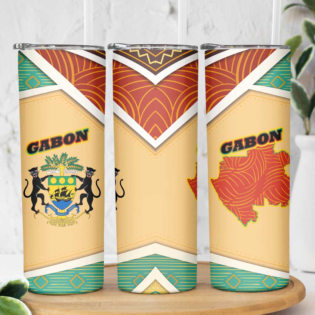Gabon Skinny Tumbler with National Coat of Arms and Tribal Pattern Map Design in Bold Colors