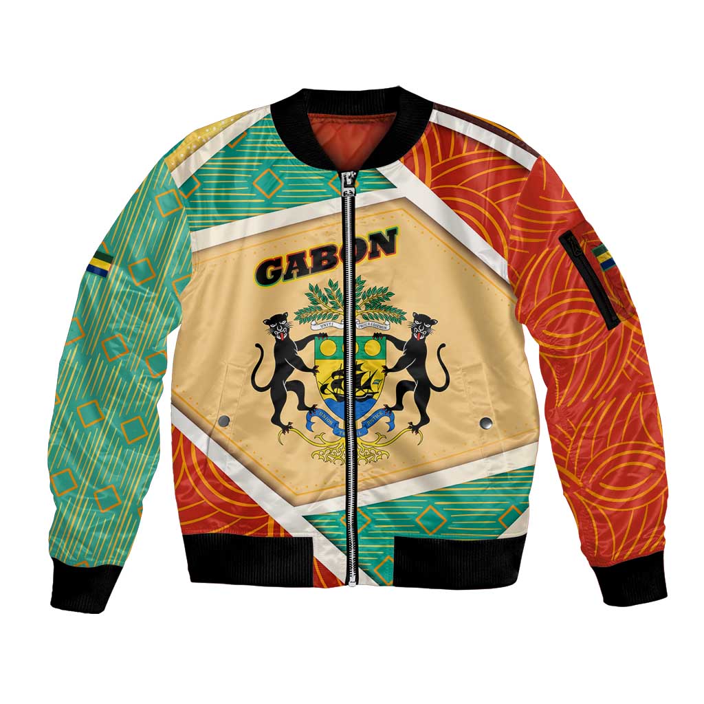 Gabon Sleeve Zip Bomber Jacket with National Coat of Arms and Tribal Pattern Map Design in Bold Colors