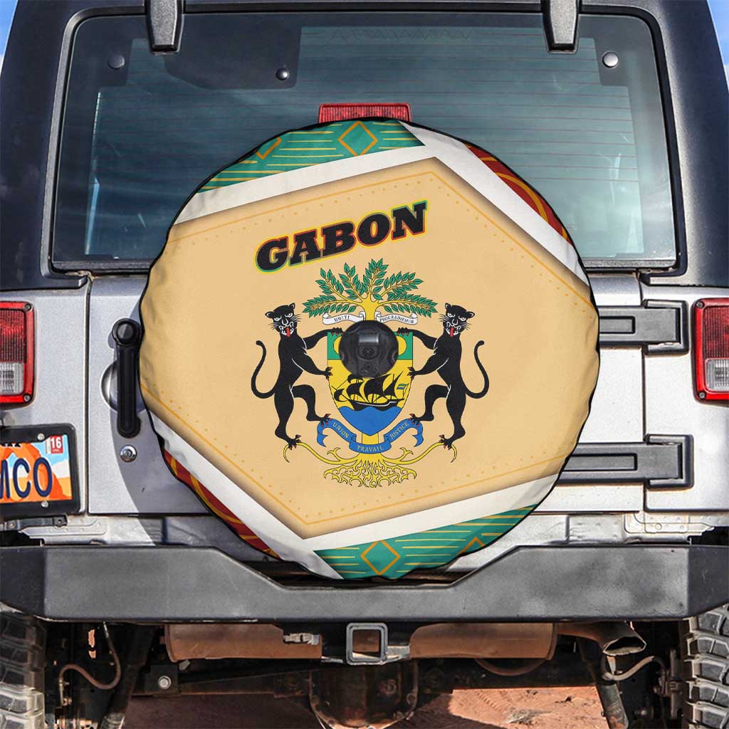 Gabon Spare Tire Cover with National Coat of Arms and Tribal Pattern Map Design in Bold Colors