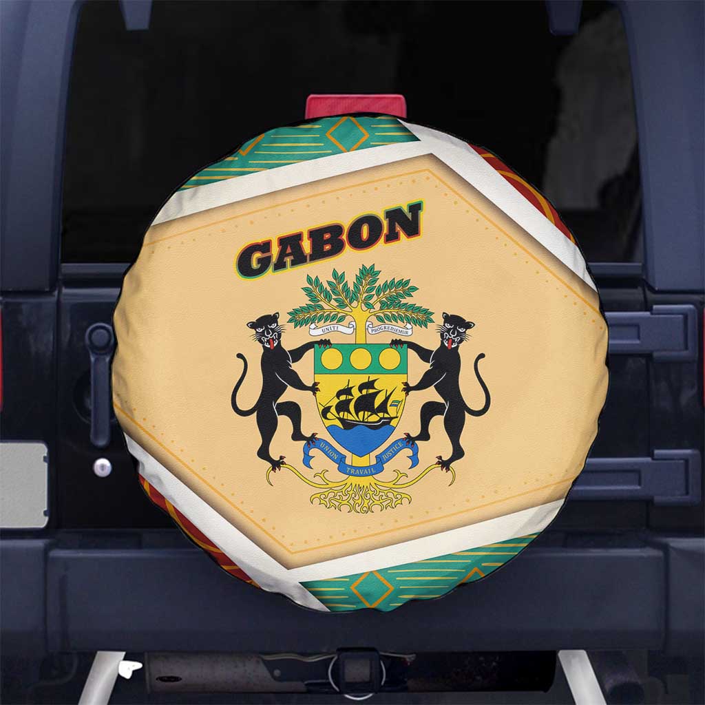 Gabon Spare Tire Cover with National Coat of Arms and Tribal Pattern Map Design in Bold Colors