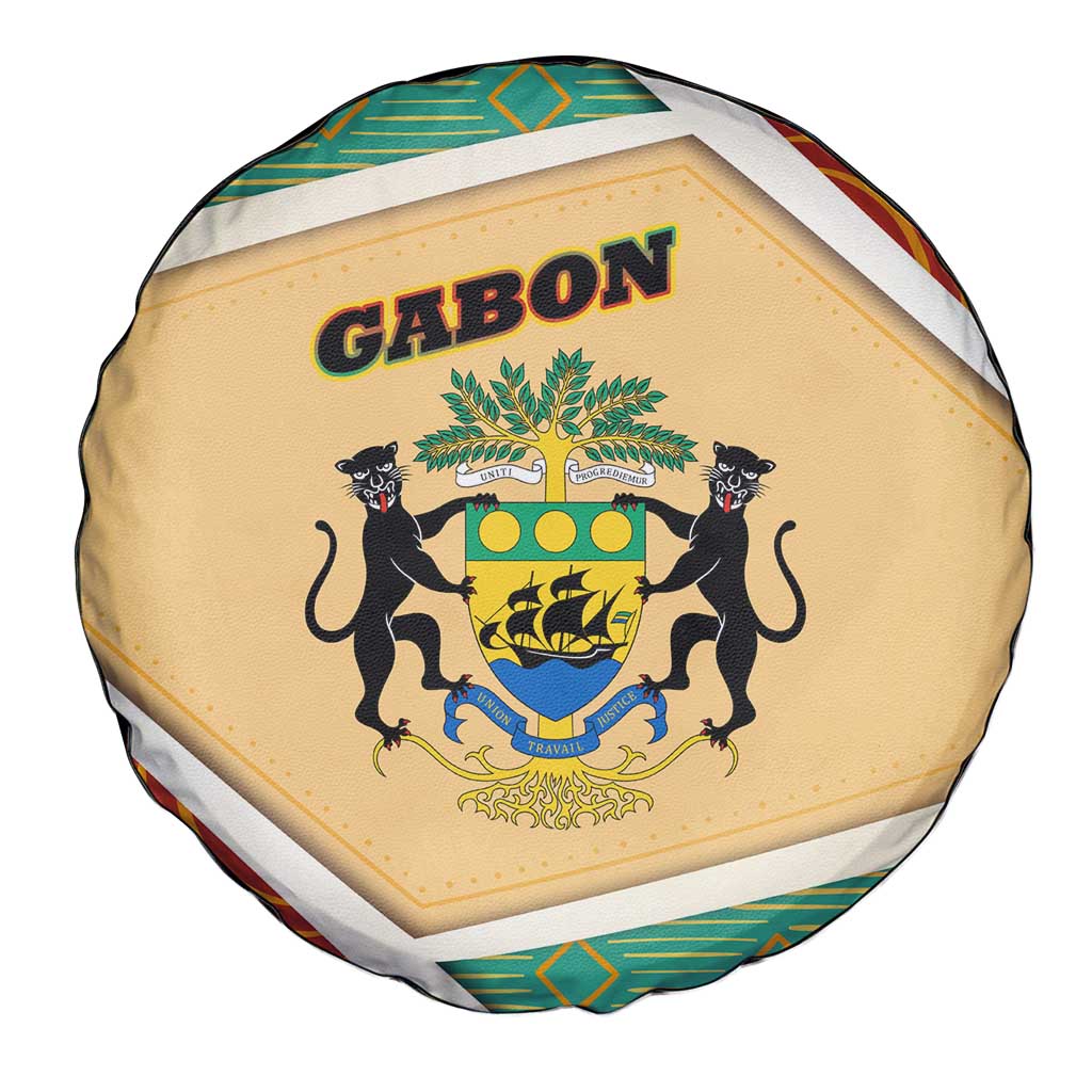 Gabon Spare Tire Cover with National Coat of Arms and Tribal Pattern Map Design in Bold Colors