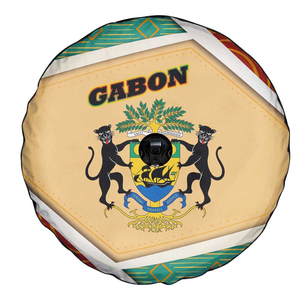 Gabon Spare Tire Cover with National Coat of Arms and Tribal Pattern Map Design in Bold Colors