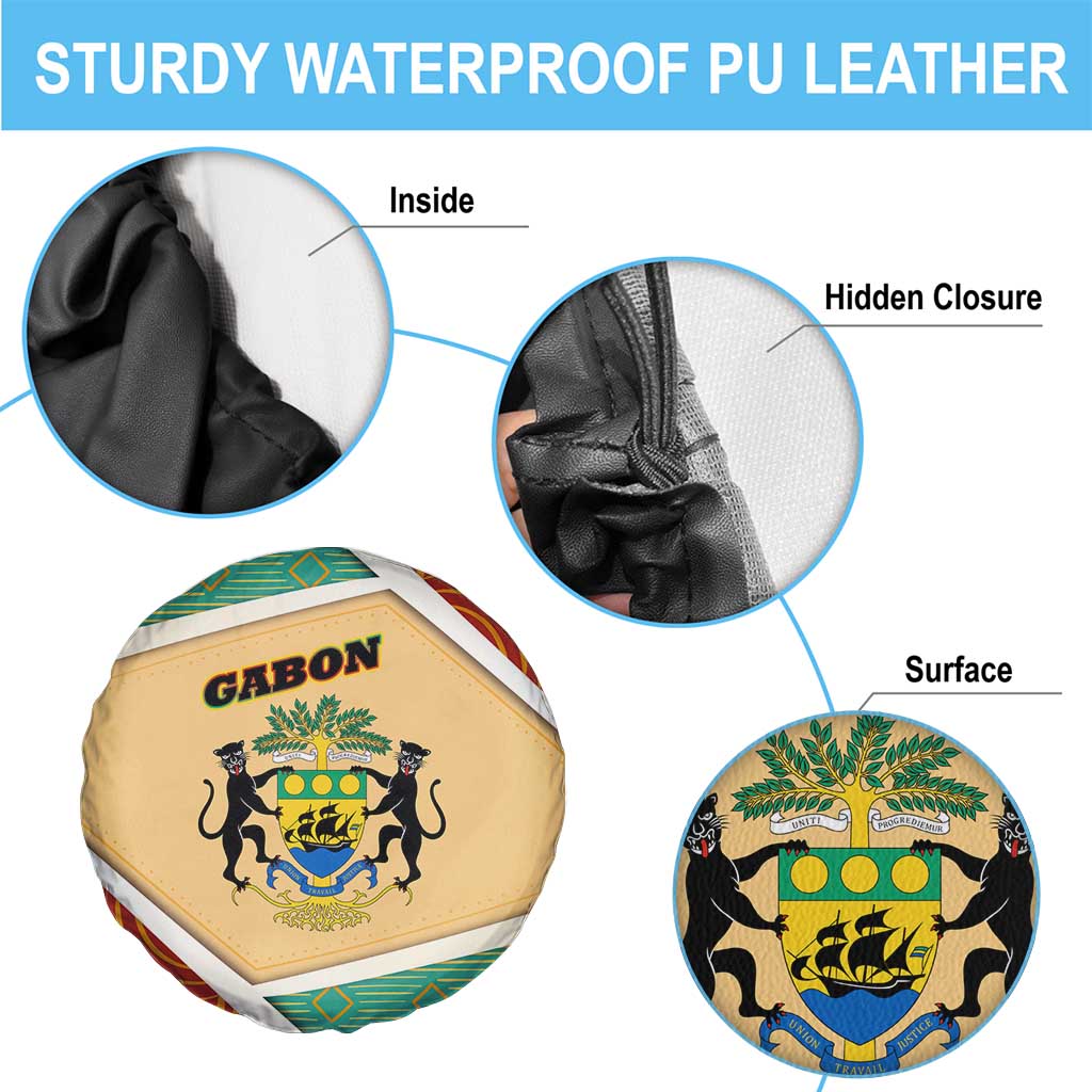 Gabon Spare Tire Cover with National Coat of Arms and Tribal Pattern Map Design in Bold Colors
