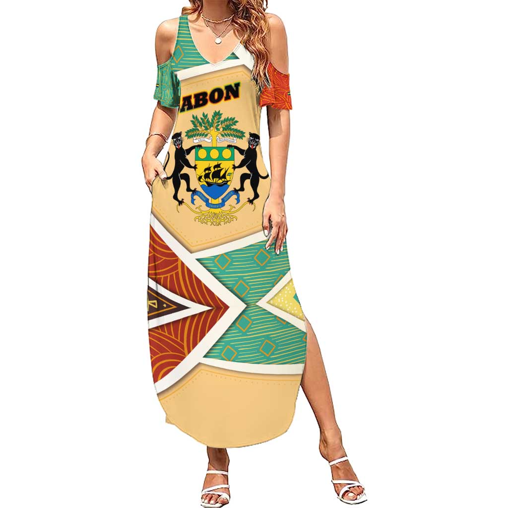 Gabon Summer Maxi Dress with National Coat of Arms and Tribal Pattern Map Design in Bold Colors
