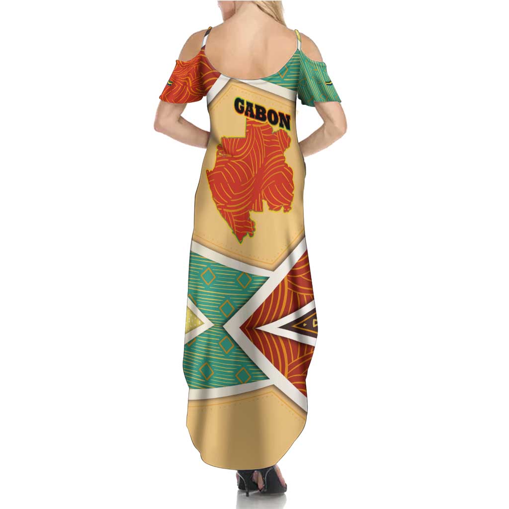 Gabon Summer Maxi Dress with National Coat of Arms and Tribal Pattern Map Design in Bold Colors