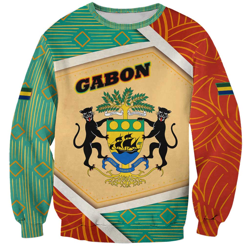 Gabon Sweatshirt with National Coat of Arms and Tribal Pattern Map Design in Bold Colors