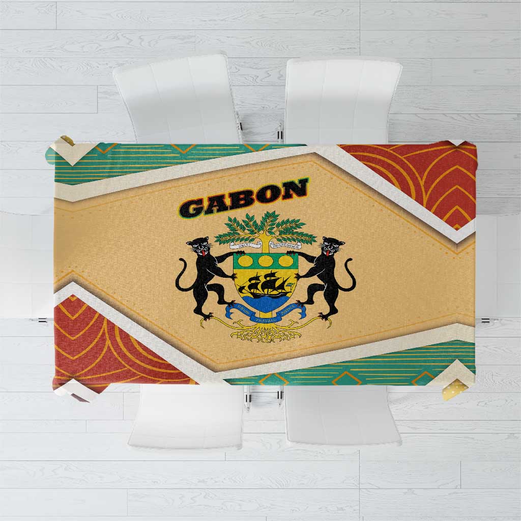 Gabon Tablecloth with National Coat of Arms and Tribal Pattern Map Design in Bold Colors