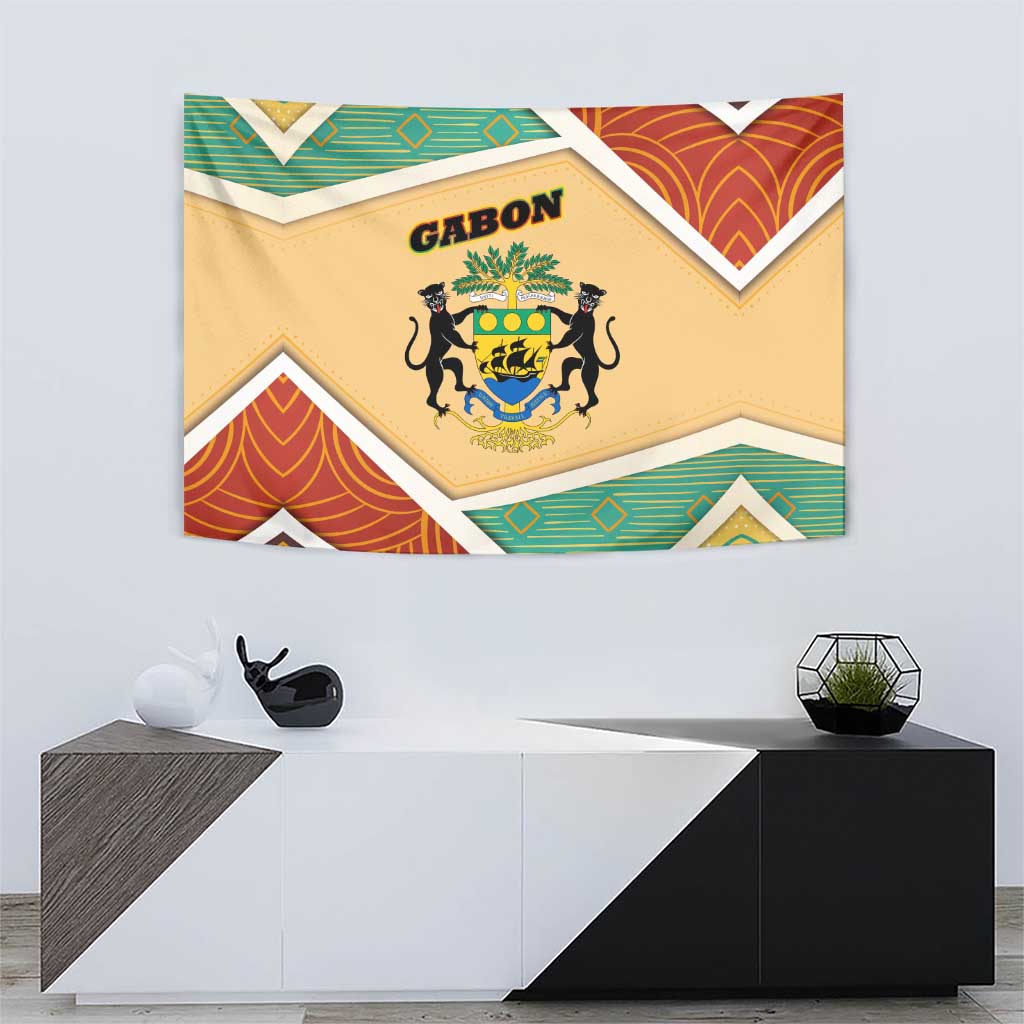 Gabon Tapestry with National Coat of Arms and Tribal Pattern Map Design in Bold Colors