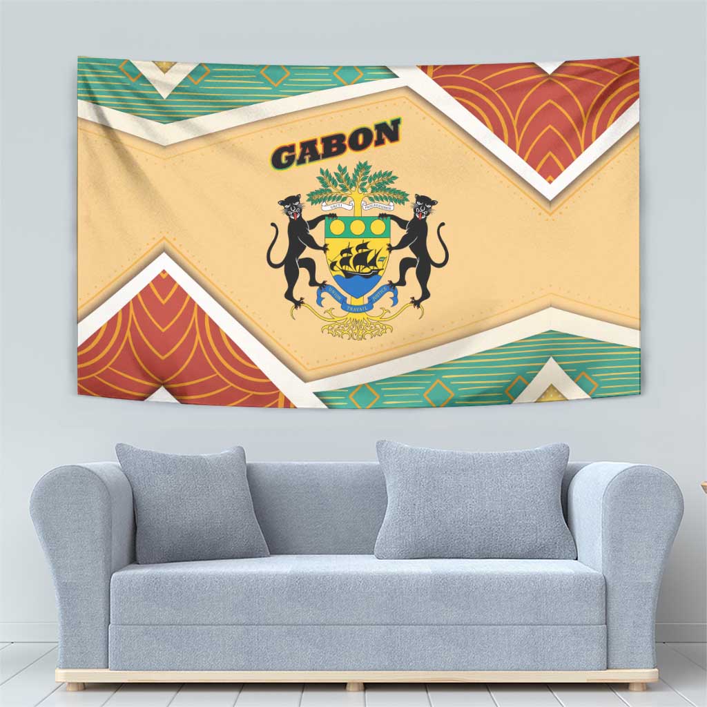 Gabon Tapestry with National Coat of Arms and Tribal Pattern Map Design in Bold Colors