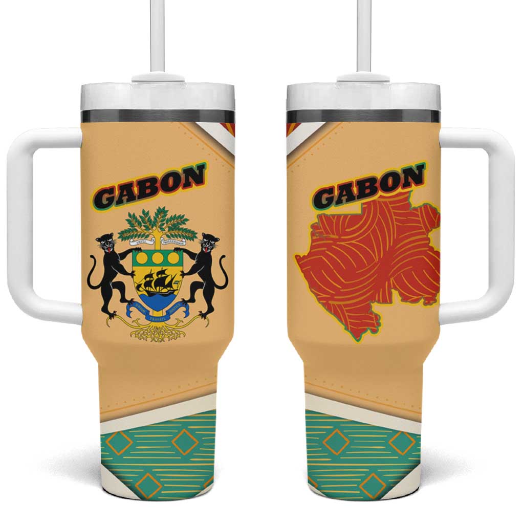 Gabon Tumbler With Handle with National Coat of Arms and Tribal Pattern Map Design in Bold Colors