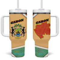 Gabon Tumbler With Handle with National Coat of Arms and Tribal Pattern Map Design in Bold Colors