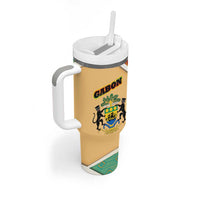Gabon Tumbler With Handle with National Coat of Arms and Tribal Pattern Map Design in Bold Colors
