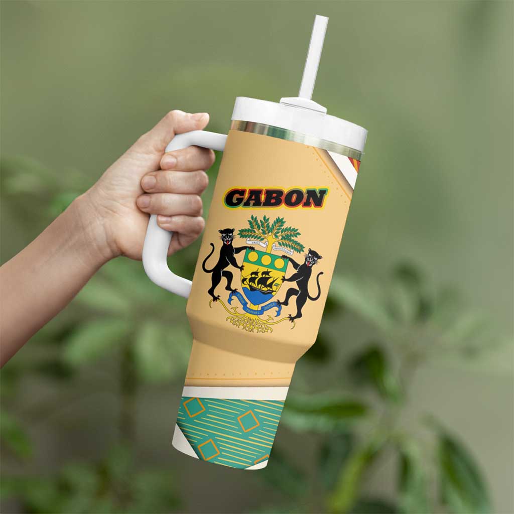 Gabon Tumbler With Handle with National Coat of Arms and Tribal Pattern Map Design in Bold Colors