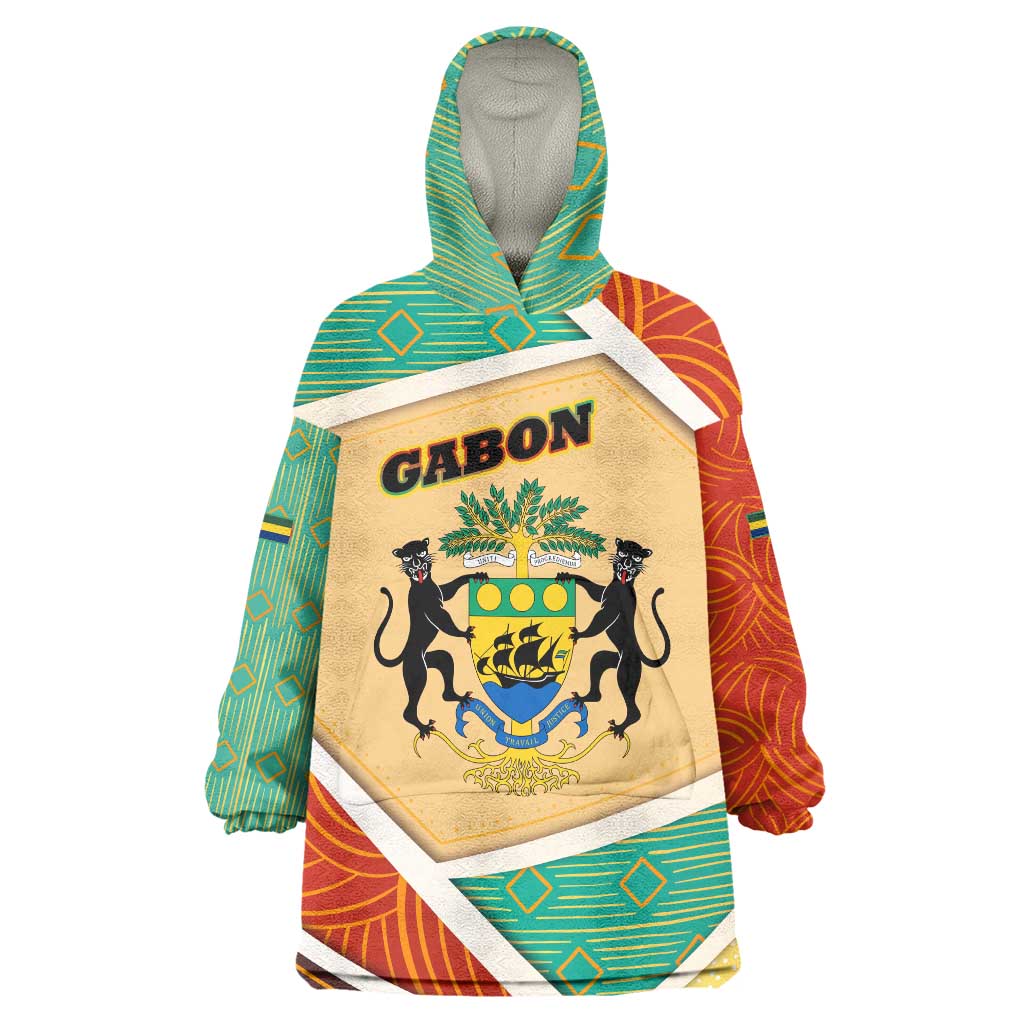 Gabon Wearable Blanket Hoodie with National Coat of Arms and Tribal Pattern Map Design in Bold Colors