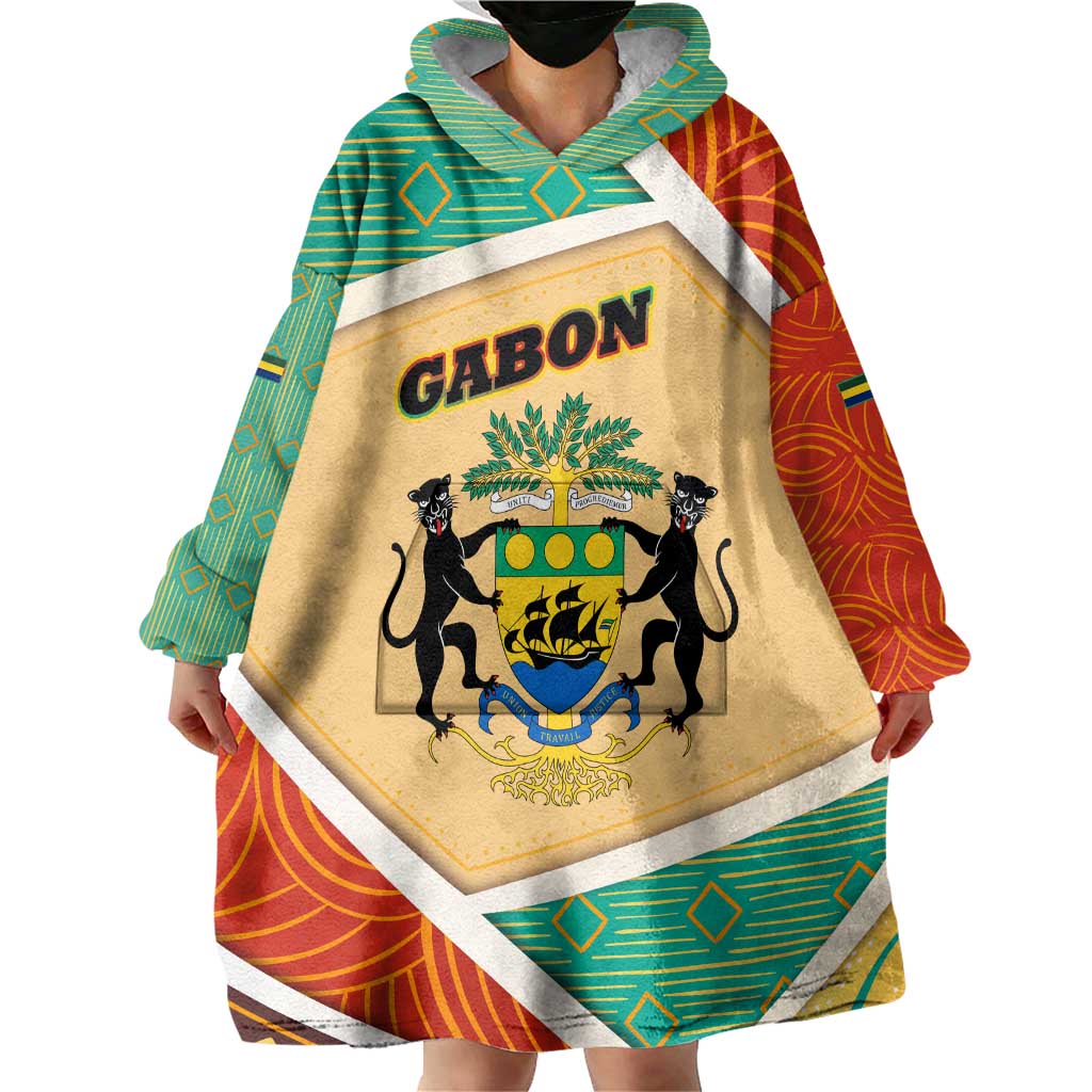 Gabon Wearable Blanket Hoodie with National Coat of Arms and Tribal Pattern Map Design in Bold Colors