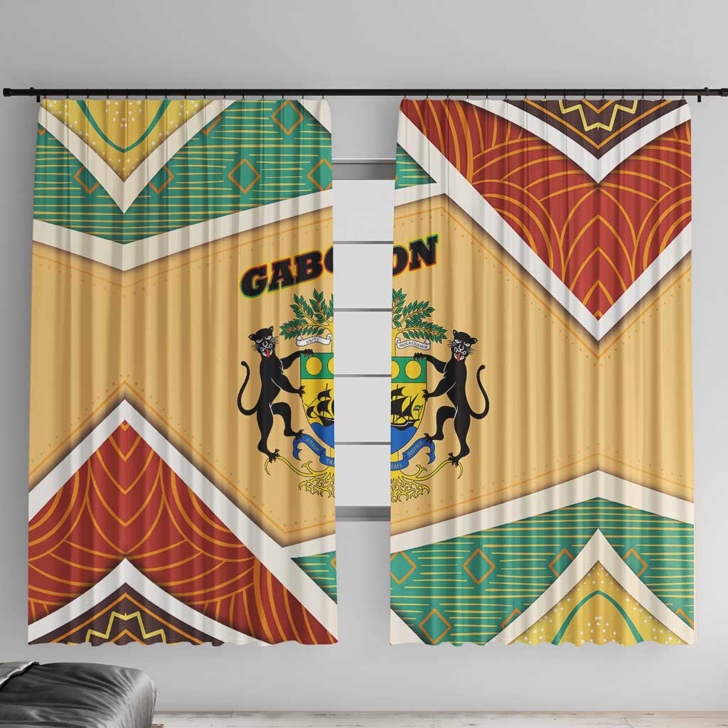 Gabon Window Curtain with National Coat of Arms and Tribal Pattern Map Design in Bold Colors
