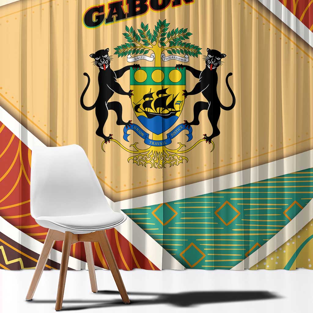 Gabon Window Curtain with National Coat of Arms and Tribal Pattern Map Design in Bold Colors