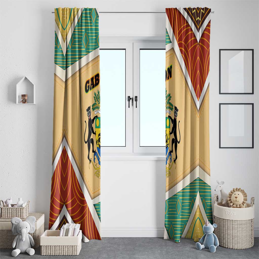 Gabon Window Curtain with National Coat of Arms and Tribal Pattern Map Design in Bold Colors