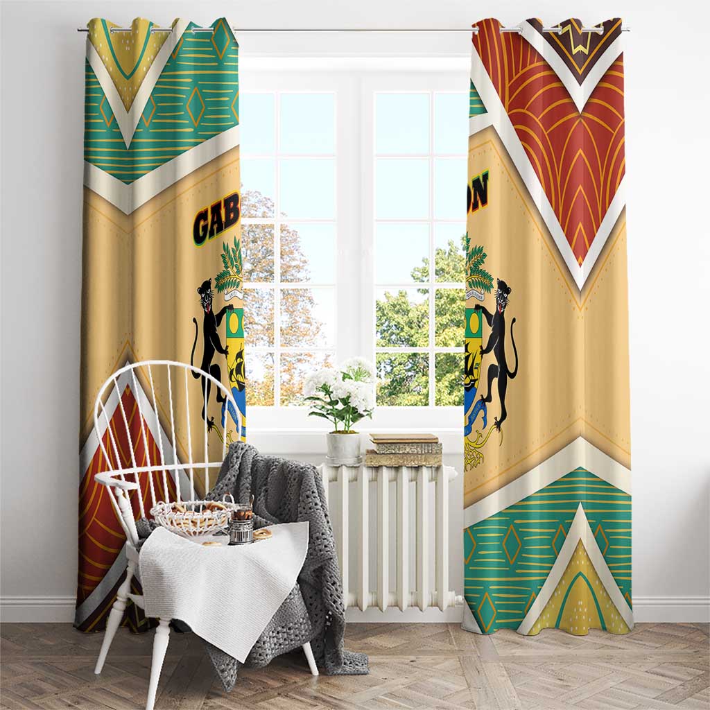 Gabon Window Curtain with National Coat of Arms and Tribal Pattern Map Design in Bold Colors