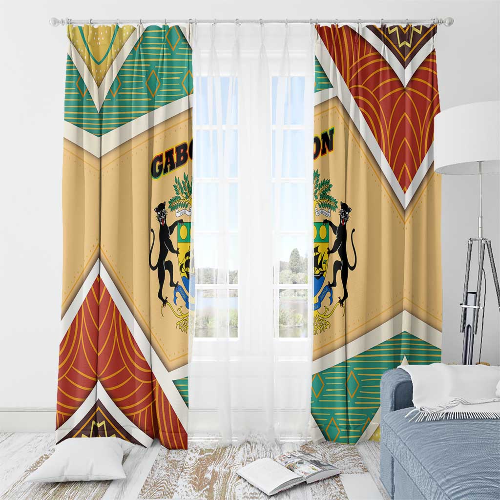 Gabon Window Curtain with National Coat of Arms and Tribal Pattern Map Design in Bold Colors