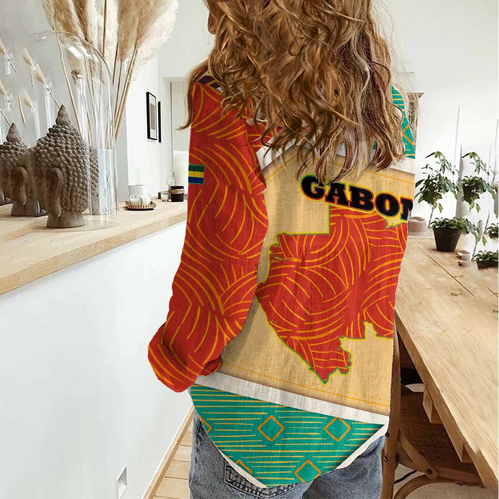 Gabon Women Casual Shirt with National Coat of Arms and Tribal Pattern Map Design in Bold Colors