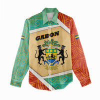 Gabon Women Casual Shirt with National Coat of Arms and Tribal Pattern Map Design in Bold Colors