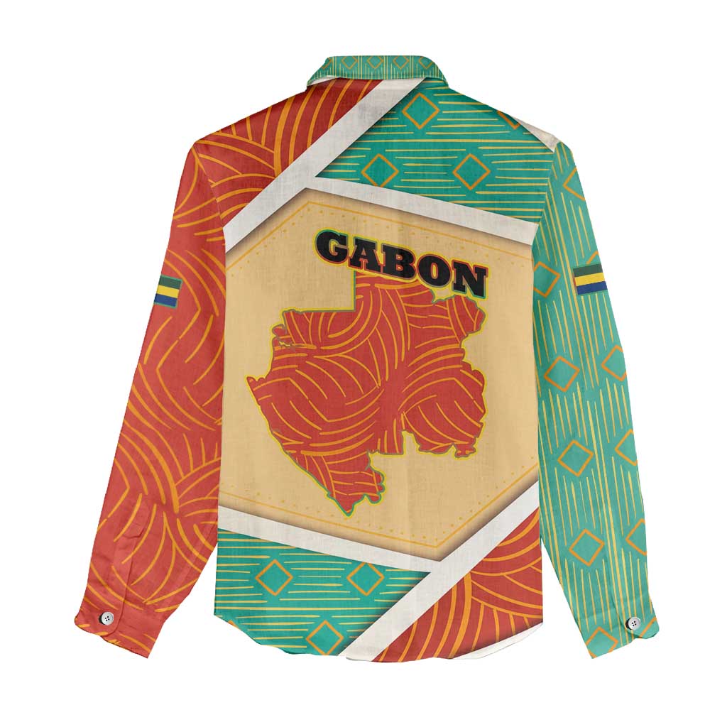 Gabon Women Casual Shirt with National Coat of Arms and Tribal Pattern Map Design in Bold Colors