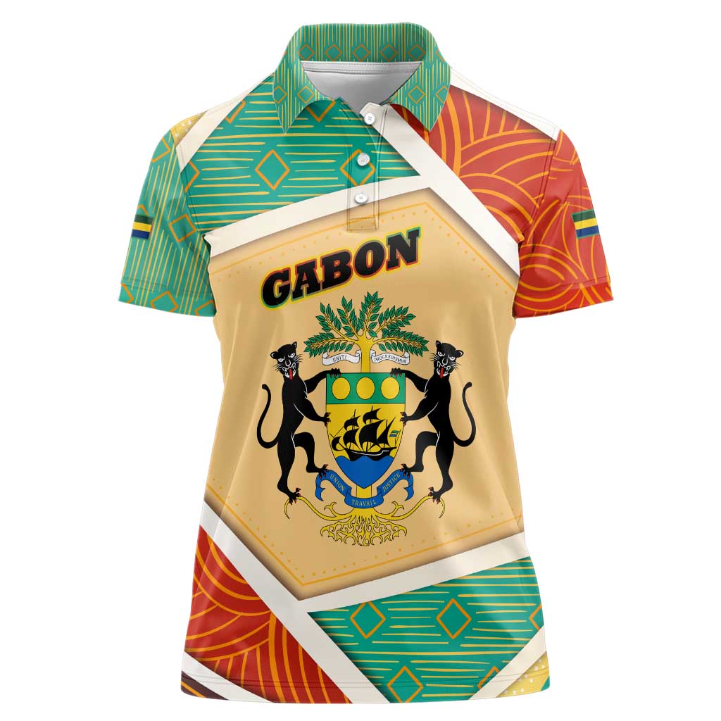 Gabon Women Polo Shirt with National Coat of Arms and Tribal Pattern Map Design in Bold Colors