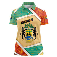 Gabon Women Polo Shirt with National Coat of Arms and Tribal Pattern Map Design in Bold Colors