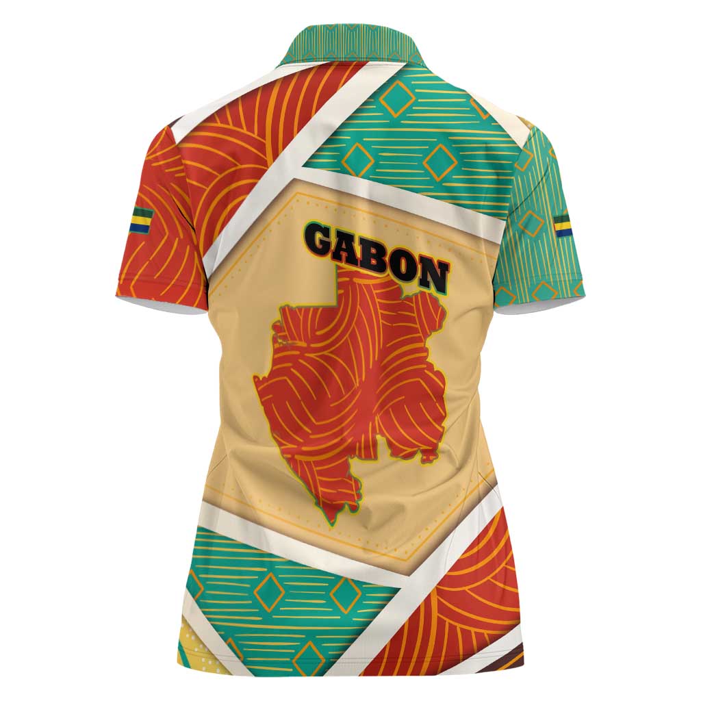 Gabon Women Polo Shirt with National Coat of Arms and Tribal Pattern Map Design in Bold Colors