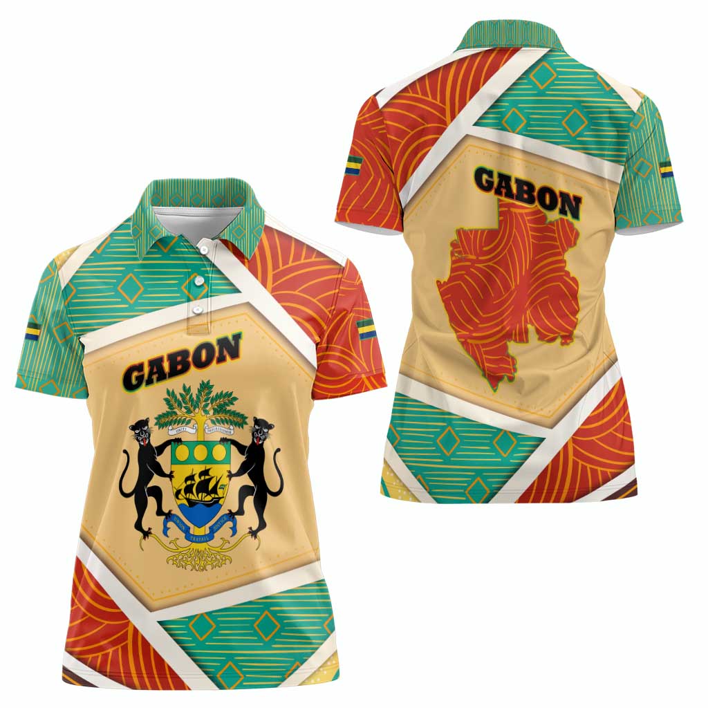 Gabon Women Polo Shirt with National Coat of Arms and Tribal Pattern Map Design in Bold Colors