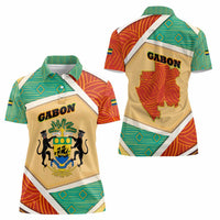Gabon Women Polo Shirt with National Coat of Arms and Tribal Pattern Map Design in Bold Colors