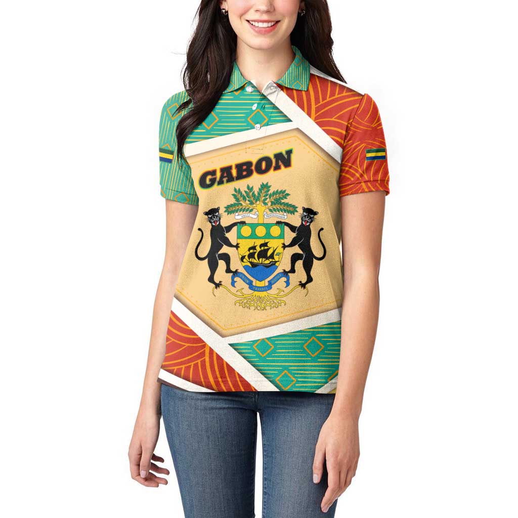 Gabon Women Polo Shirt with National Coat of Arms and Tribal Pattern Map Design in Bold Colors