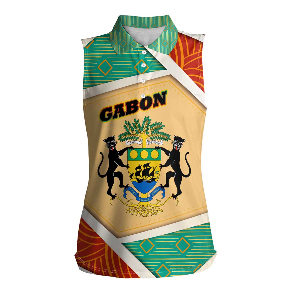 Gabon Women Sleeveless Polo Shirt with National Coat of Arms and Tribal Pattern Map Design in Bold Colors